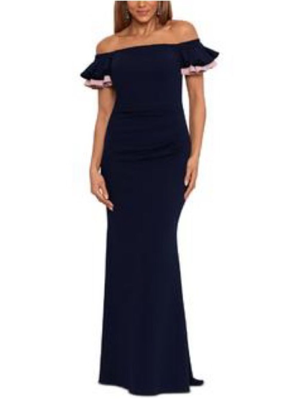 Betsy & Adam Off-Shoulder Navy Maxi Dress with Pink Ruffle Sleeves ❤️‍🔥